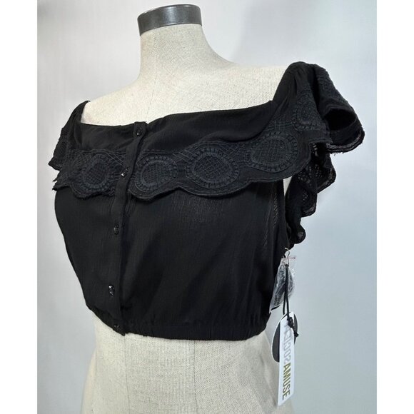 AMUSE SOCIETY Crop Top Sz L Black Embroidered Button Up Off The Shoulder Boho - Picture 1 of 10